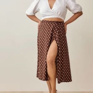 Reformation Brown Polka Dot Midi Skirt